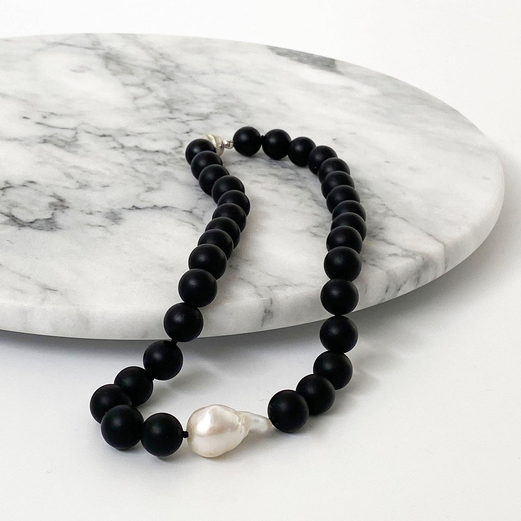 RSTC  Matt Black Onyx and Baroque Pearl Necklace available at Rose St Trading Co