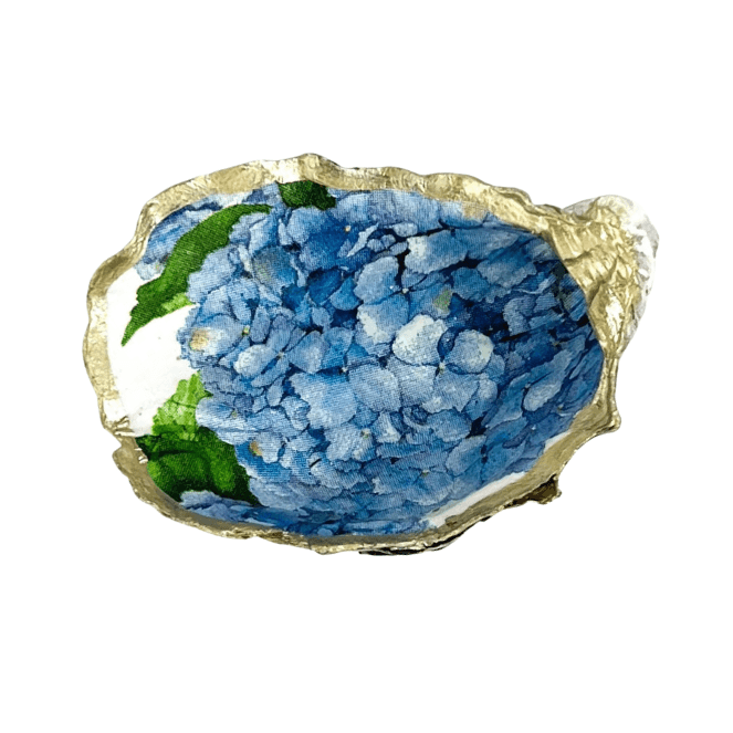 RSTC  Oyster Trinket Dish Blue Hydrangeas available at Rose St Trading Co