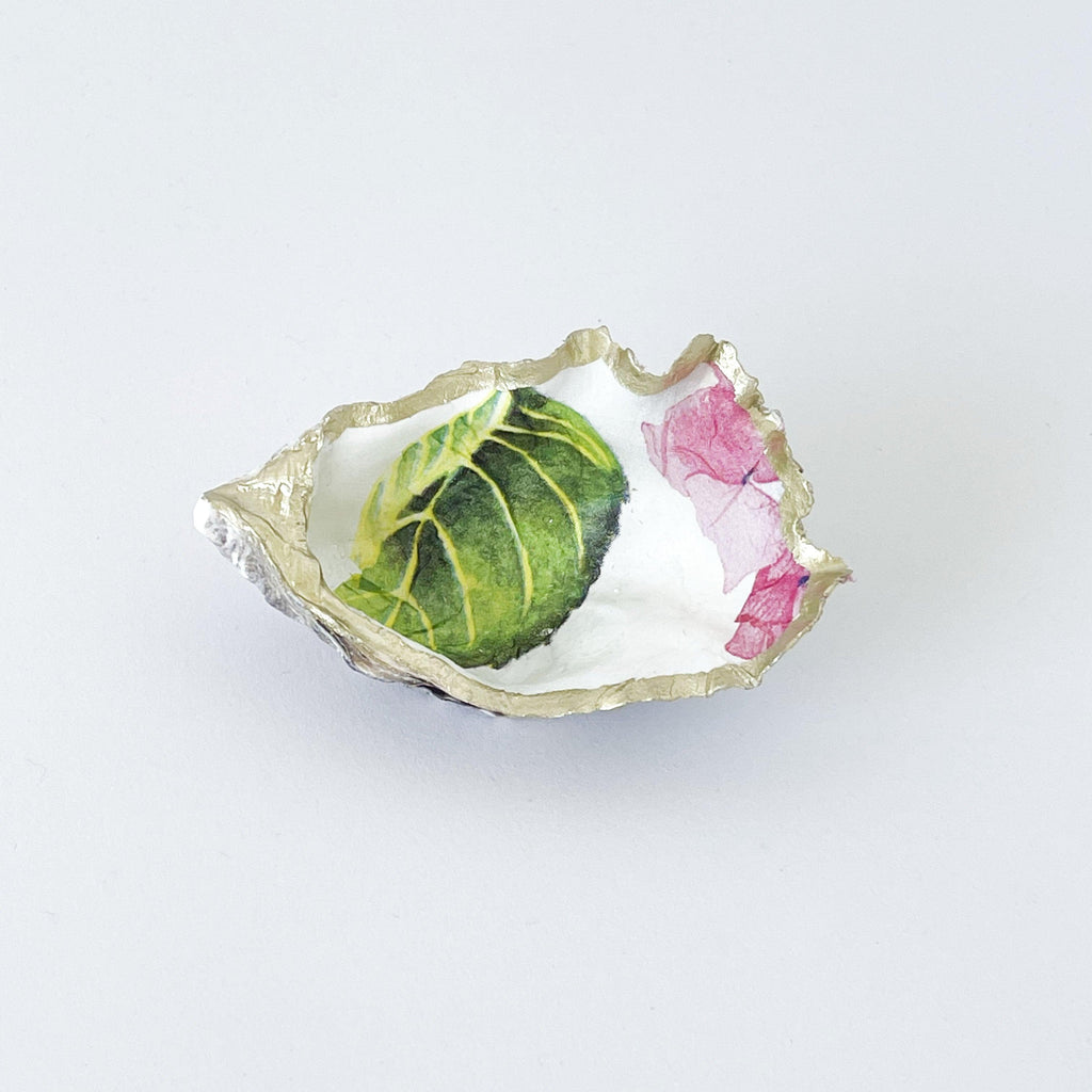 RSTC  Oyster Trinket Dish Pink Hydrangeas available at Rose St Trading Co