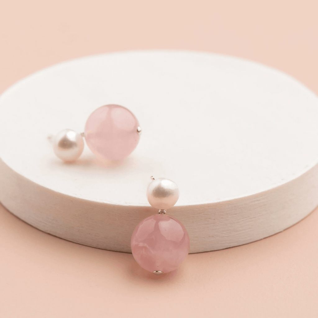 RSTC  Pearl Stud with Semi Precious Drop Earring | Rose Quartz available at Rose St Trading Co