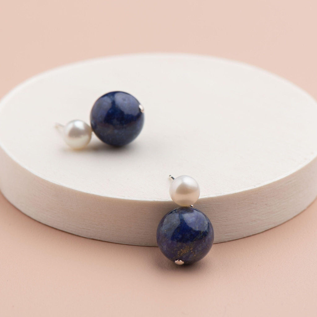 RSTC  Pearl Stud with Semi Precious Drop Earring | Sodolite available at Rose St Trading Co