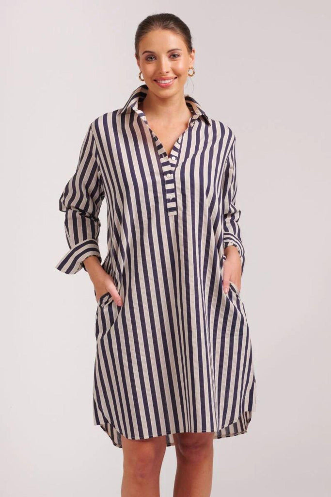 Popover Shirt Dress | Navy/Stone by Shirty in stock at Rose St Trading Co