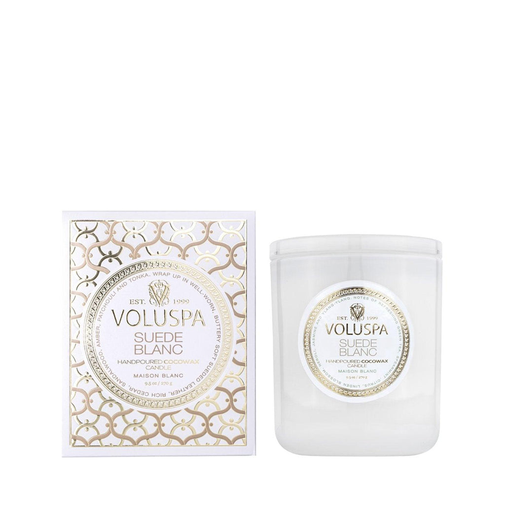 Voluspa  Suede Blanc Classic Boxed Candle available at Rose St Trading Co