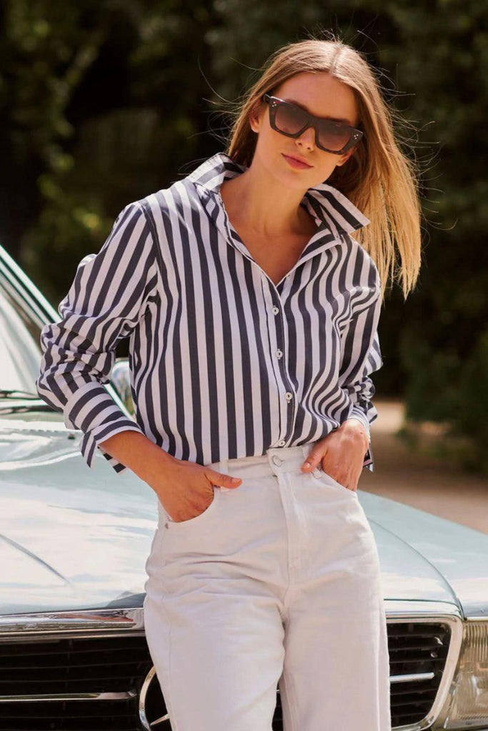 The Elodie Girlfriend Shirt | Navy Wide Stripe by Shirty in stock at Rose St Trading Co