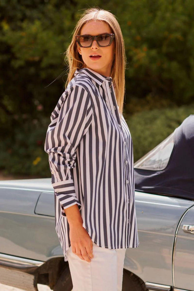 The Elodie Girlfriend Shirt | Navy Wide Stripe by Shirty in stock at Rose St Trading Co
