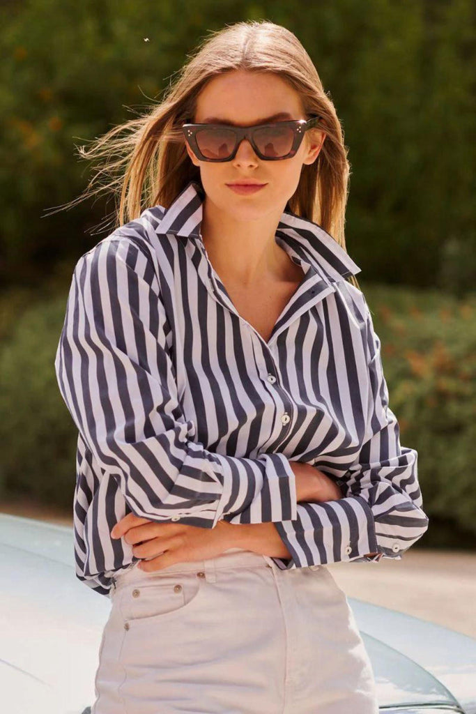 The Elodie Girlfriend Shirt | Navy Wide Stripe by Shirty in stock at Rose St Trading Co